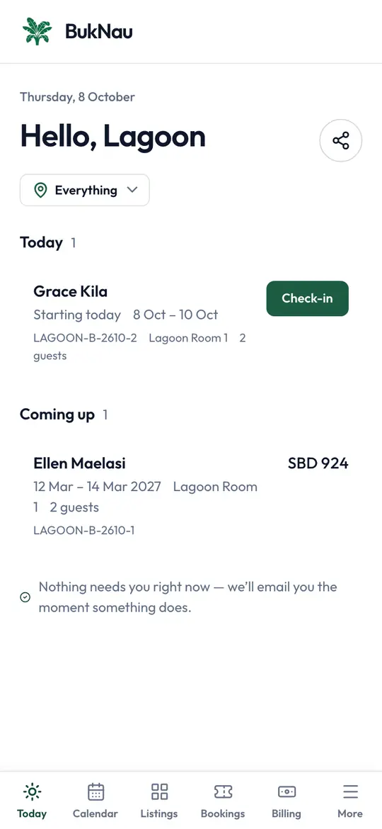 The Today screen on the operator’s phone: one guest checking in today and one booking coming up.