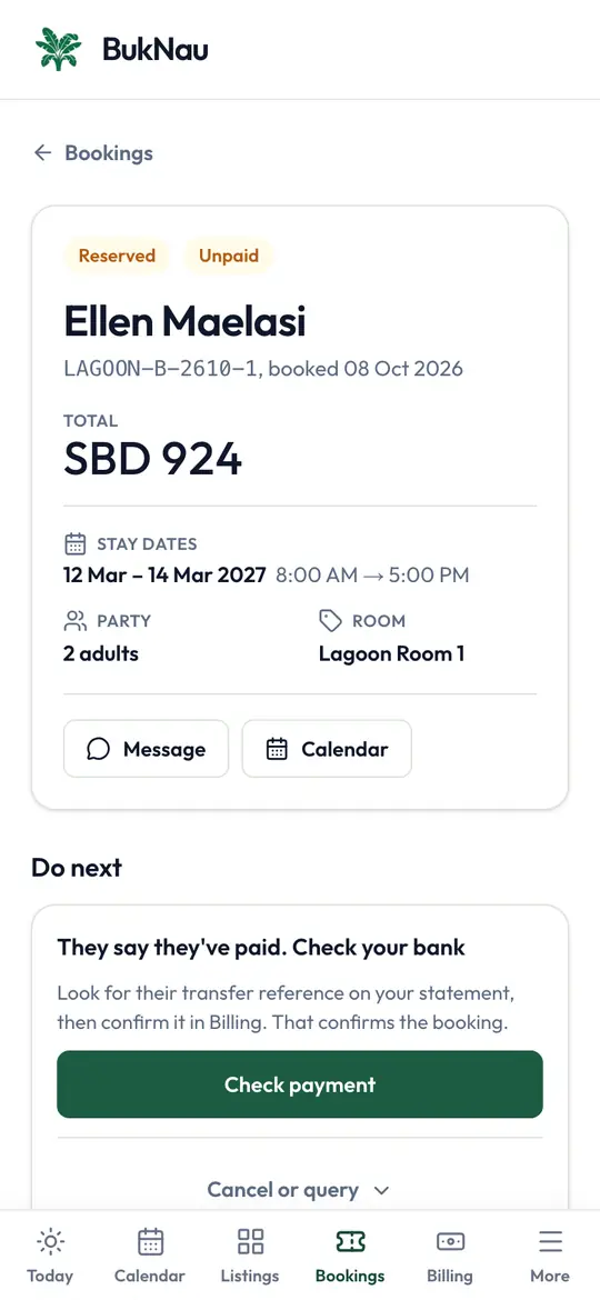 A new booking on the operator’s phone, marked Reserved and Unpaid, for 12 to 14 March 2027.