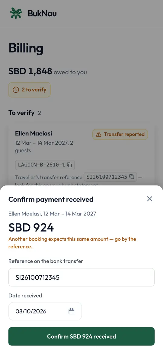 The Confirm payment received sheet on the operator’s phone, with the transfer reference and a Confirm button.