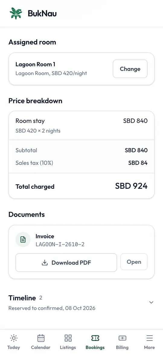 A booking’s price breakdown on the operator’s phone, with its invoice ready to open or download.